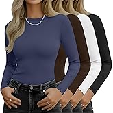 Ficerd 4 Pack Women's Long Sleeve Crop Tops Fitted Crew Neck Tight Shirts Casual Cotton Basic Y2k Going Out Stretchy Tees