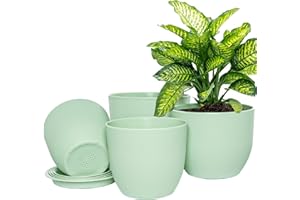 UOUZ 10/9/8/6.3 inch Plant Pots, Modern Plastic Planters Planting Pots with Multi Drainage Holes and Saucers for Indoor Outdoor Plants Flowers, Green