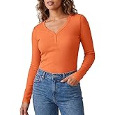 Zengjo Henley Shirts for Women Long Sleeve Ribbed Soft Viscose Blend Slim-Fit V Neck Baselayer Top