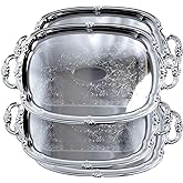 Maro Megastore (Pack of 4) 21-Inch x 13.5-Inch Elegant Victoria Floral Engraved with Handle Serving Tray Silver Metal Plate Platter Food Decorative Buffet Wedding Party T166-4PK