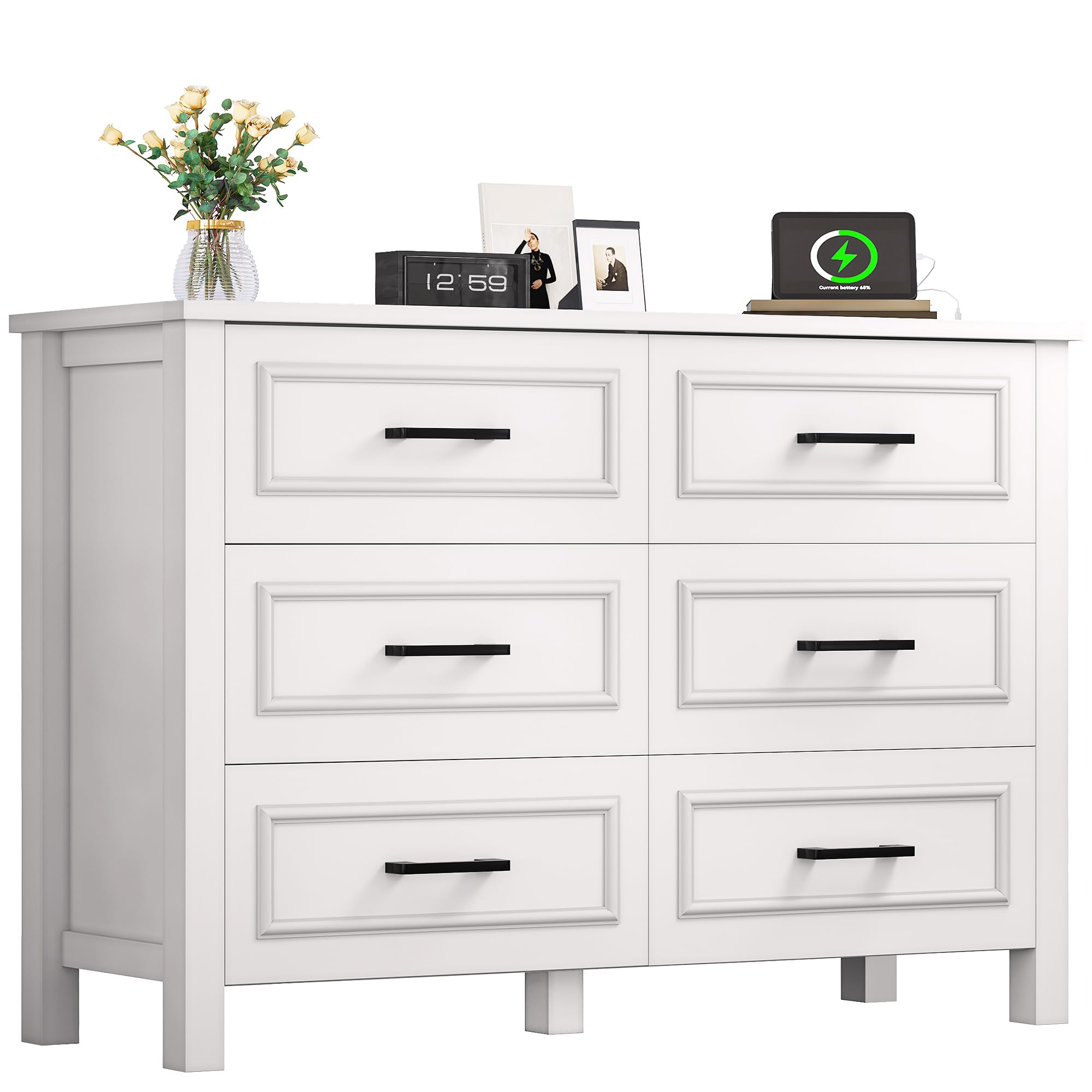 Photo 1 of **MISSING AND DAMAGED PARTS**YITAHOME 6-Drawer Dresser with Built-in Power Outlet, Wood TV Stand with 6 Large Drawers & Bar Handles, Dresser Chest of Drawers for Entryway Living Room Hallway, White & Walnut