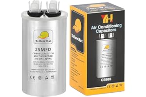 HVAC YELLOW HAT Capacitor for Air Conditioner 25 uf MFD 370 or 440 Volt VAC, Multi-Purpose Round Capacitor for AC Motor Run or Fan Motor Start or Condenser Straight