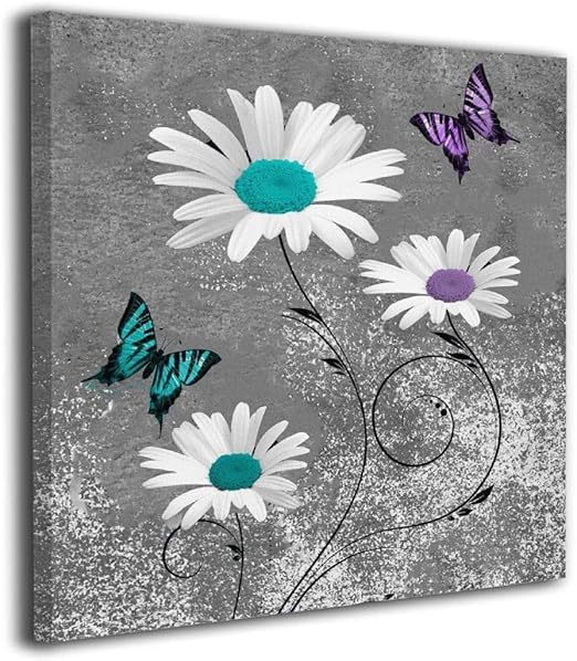 Amazon Com Colla Canvas Print Wall Art Teal Purple Daisy Flower Butterflies Decorative Paintings Modern Home Wall Decor For Bedroom Living Room Bathroom Framed Ready To Hang 12x12 Inches Posters Prints