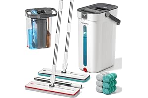 HoMettler Dual-Mop and Bucket Set, 3-Tank Flat Mop and Bucket System with Separate Dirty and Clean Water, Wall Cleaner Mop, Flat Mops for Floor Cleaning with 6 Microfiber Pads