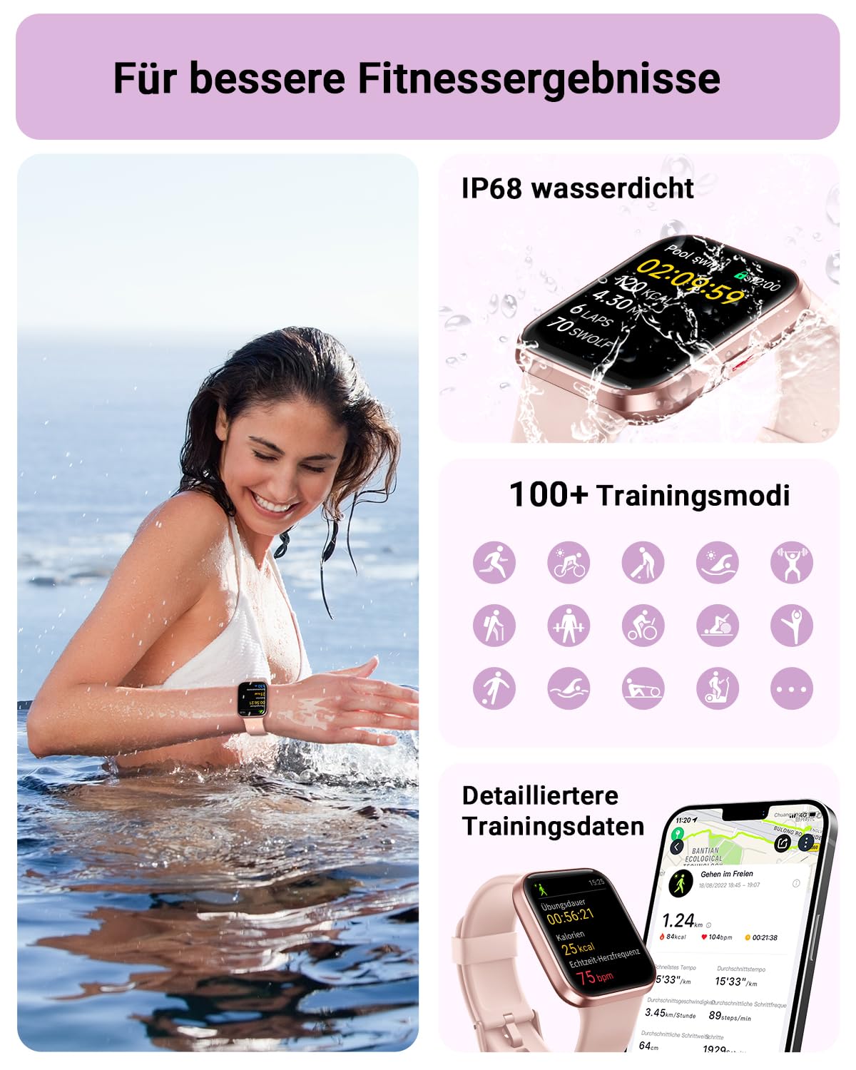 Tensky Smartwatch Damen mit Telefonfunktion 1,85" Smart Watch Alexa Integrierte 3ATM, 110+ Sportmodi, Schrittzähler Uhr Herzfrequenz Schlaf SpO2 Fitnessuhr für Samsung Android iOS 5