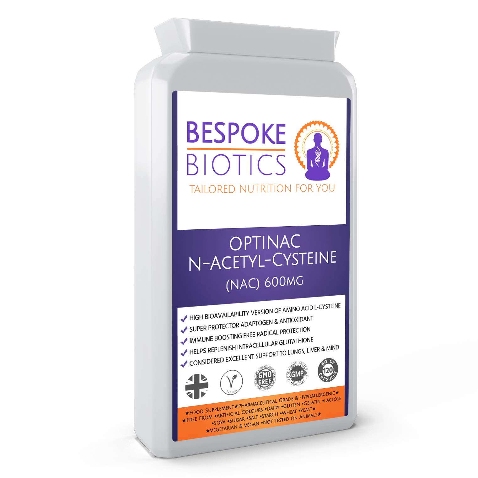 N-Acetyl-Cysteine 600mg (NAC) Liver Lung Skin Mind Support OPTINAC | Antioxidant Glutathione precursor | Bespoke Biotics UK Made | Vegan | 120 Caps