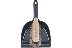 Superio Handheld Comfort Grip Dustpan and Brush Set - Hand Broom with Swiss Natural Horsehair Bristles.