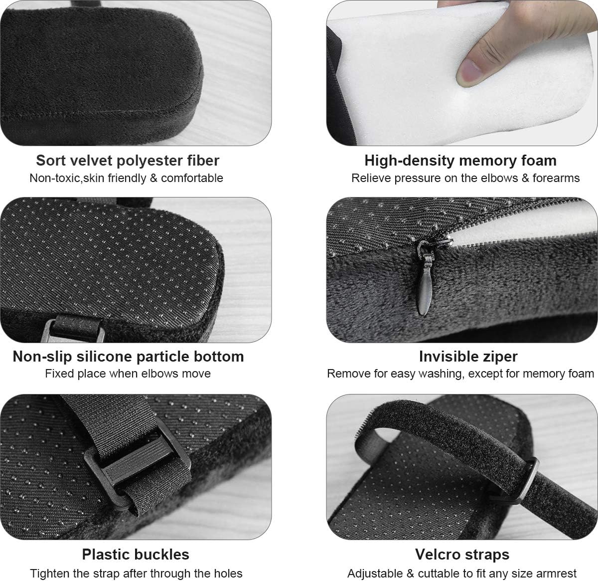 Yasolote Chair Armrest Pads, 2 Pack Padded Armrest Cushion Pads with Memory Foam Elbow Pillow for Forearm Pressure Relief, Arm Chair Covers for Office Chairs, Wheelchair, Comfy Gaming Chair (Black) : Office Products