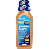 Amazon Basic Care Maximum Strength Nighttime Severe Cold and Flu Relief, Honey Flavor, Multi-Symptom Relief for Cough, Sore Throat, Congestion, 12 fl oz (1-Pack)