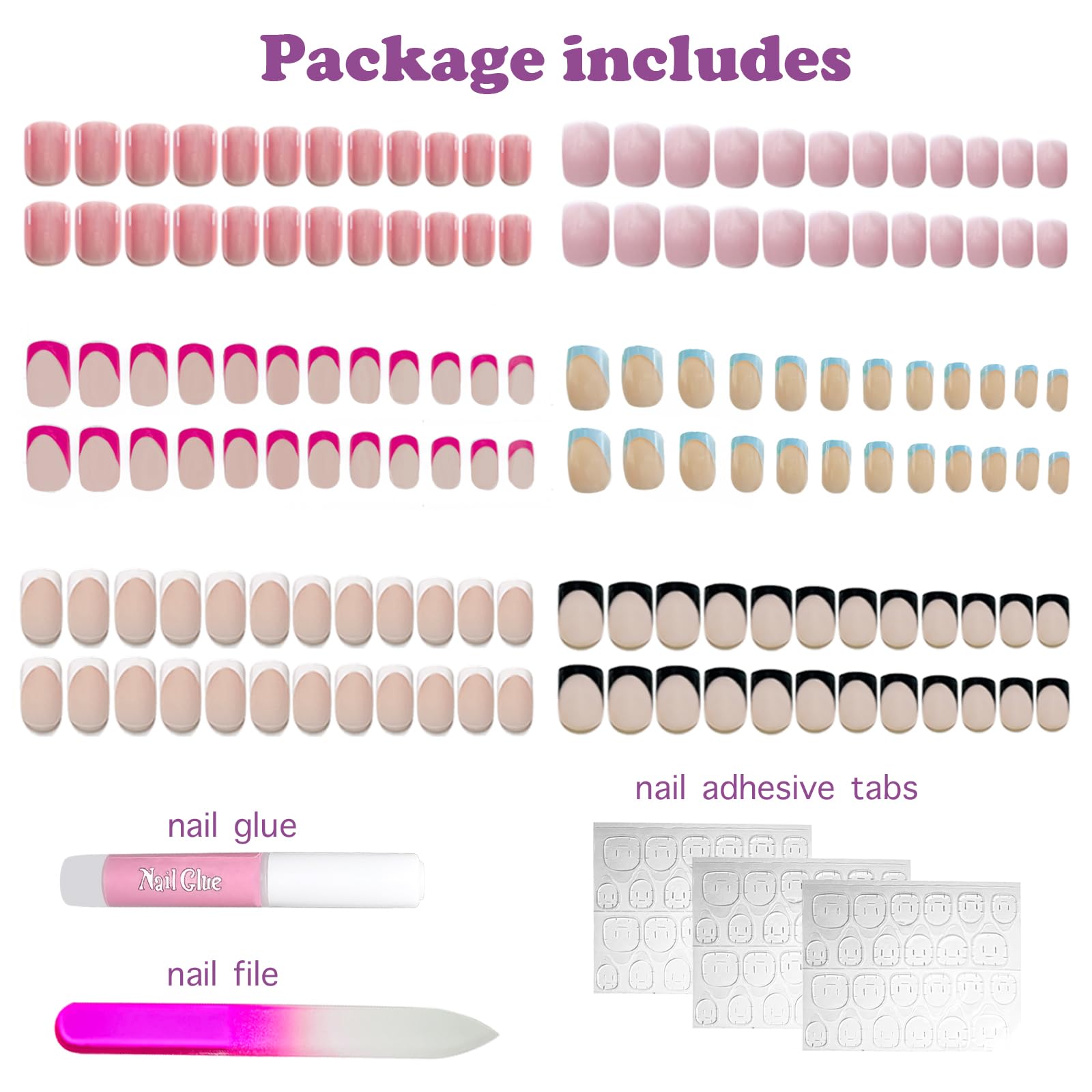 6 Packs 144Pcs French Tip Press on Nails Short, Jsiallye Short Square Fake Nails Glue on Nails Kits with Adhesive Tabs Nail File for Women Press on Nails - Image 5