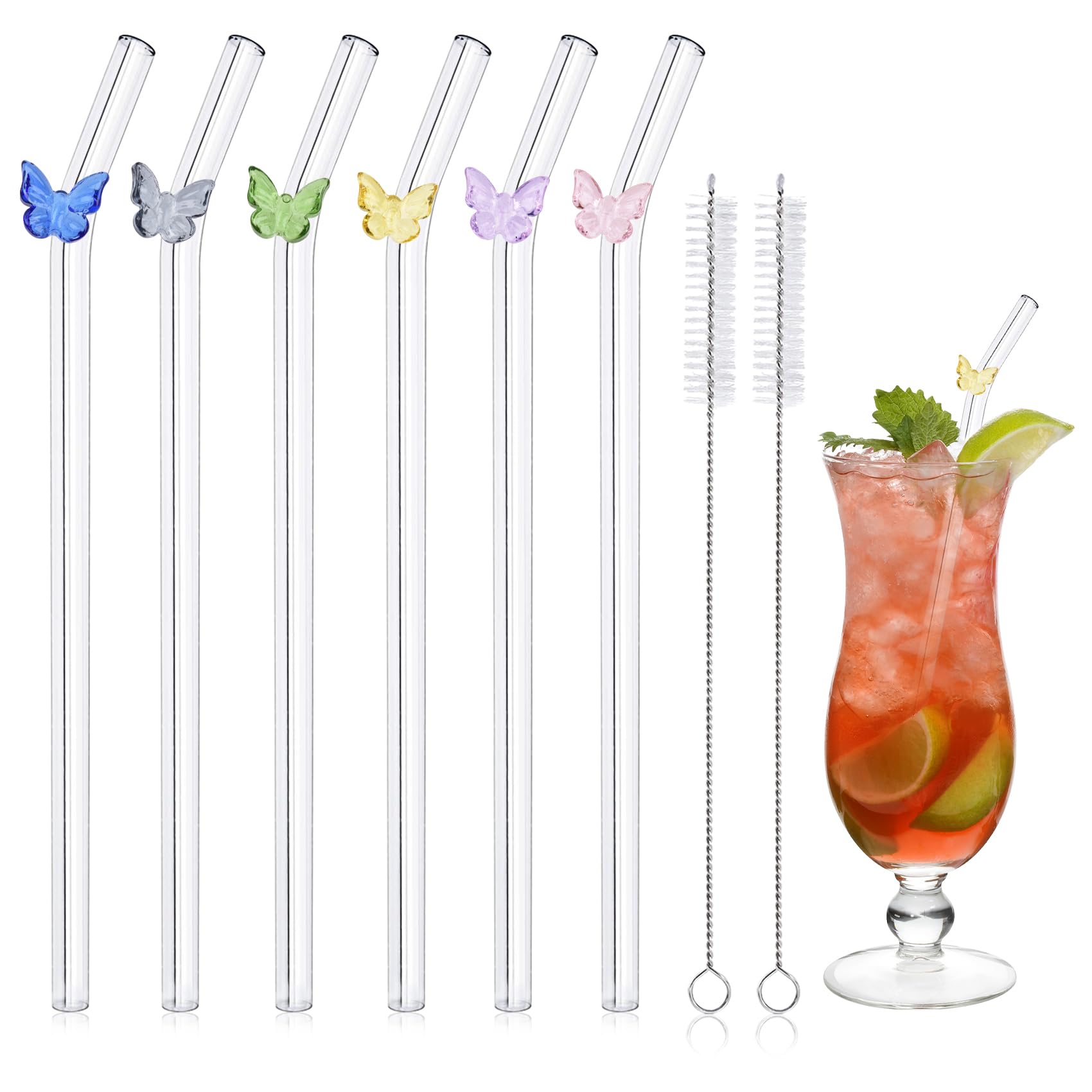 Glass Straws Reusable Bent Straws with Design Butterfly, 6 PCS