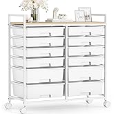 Rolling Storage Cart with 12 Drawers, Wooden Tabletop Utility Cart for Craft Storage, Art Supply Storage & Home Office Organization, Teacher Cart with Wheels for Classroom, School (White)