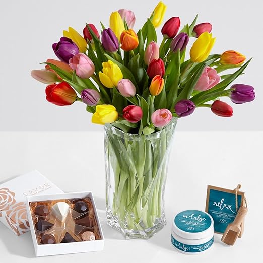 ProFlowers - 30 Count Multi-Colored All-In-One 30 Multi-Colored Tulips for Mom w/Free Clear Vase - Flowers Mothers Day