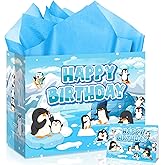 Spriggenix Penguin Birthday Decorations,Penguin Party Supplies Gift Bags with Wrapping Tissue Paper and Greeting Card for Boys Girls Kids Teens Birthday Baby Shower Winter Party Favors Decor