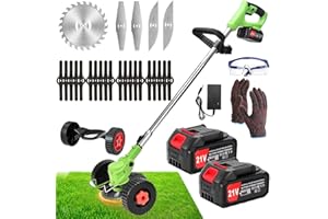 MYSTIQUE MAISON Weed Wacker Cordless Electric Weed Wacker Weed Trimmer 21v Weed Wacker Battery Operated Lightweight Brush Cutter with 2pcs 4.0ah Batteries and 3 Types Blades&Auxiliary Wheel for Yard and Garden