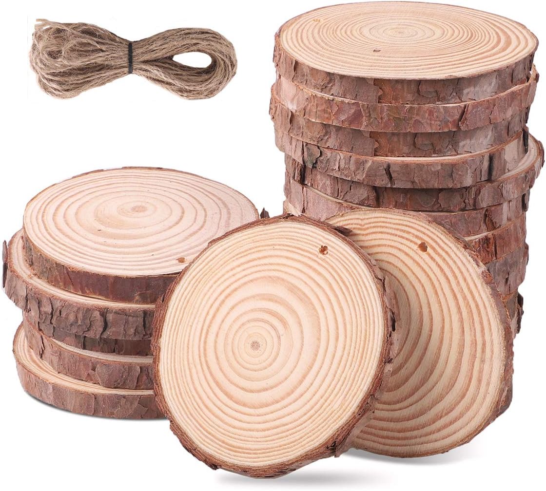 SanGlory 20pcs 9-10cm Natural Wood Slices with Holes and Jute Twine,Unprocessed Wood Discs Wood Log Slices with Bark,Tree Wooden Circles for Centerpieces Coasters Christmas Ornaments DIY Crafts