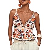 Floerns Women's Boho Tropical Spaghetti Strap Camisole Ruffle Hem Vacation Cami Top