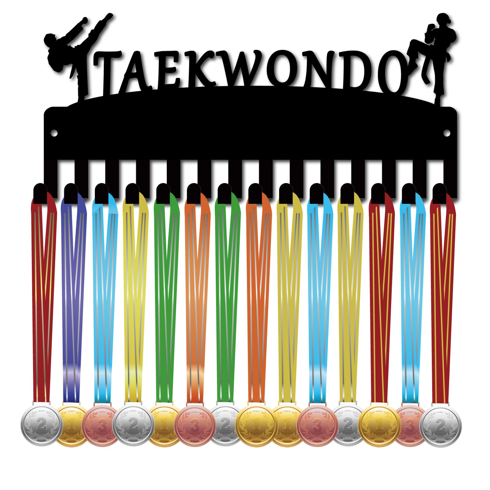 CREATCABIN Taekwondo Medal Holder Medal Display Hanger Small Awards Lanyard Ribbons Organizer Metal Shelf Stand Frame Decor Wall Mounted Rack with 14 Hooks for Athlete Sporter Black 11.4 x 5Inch