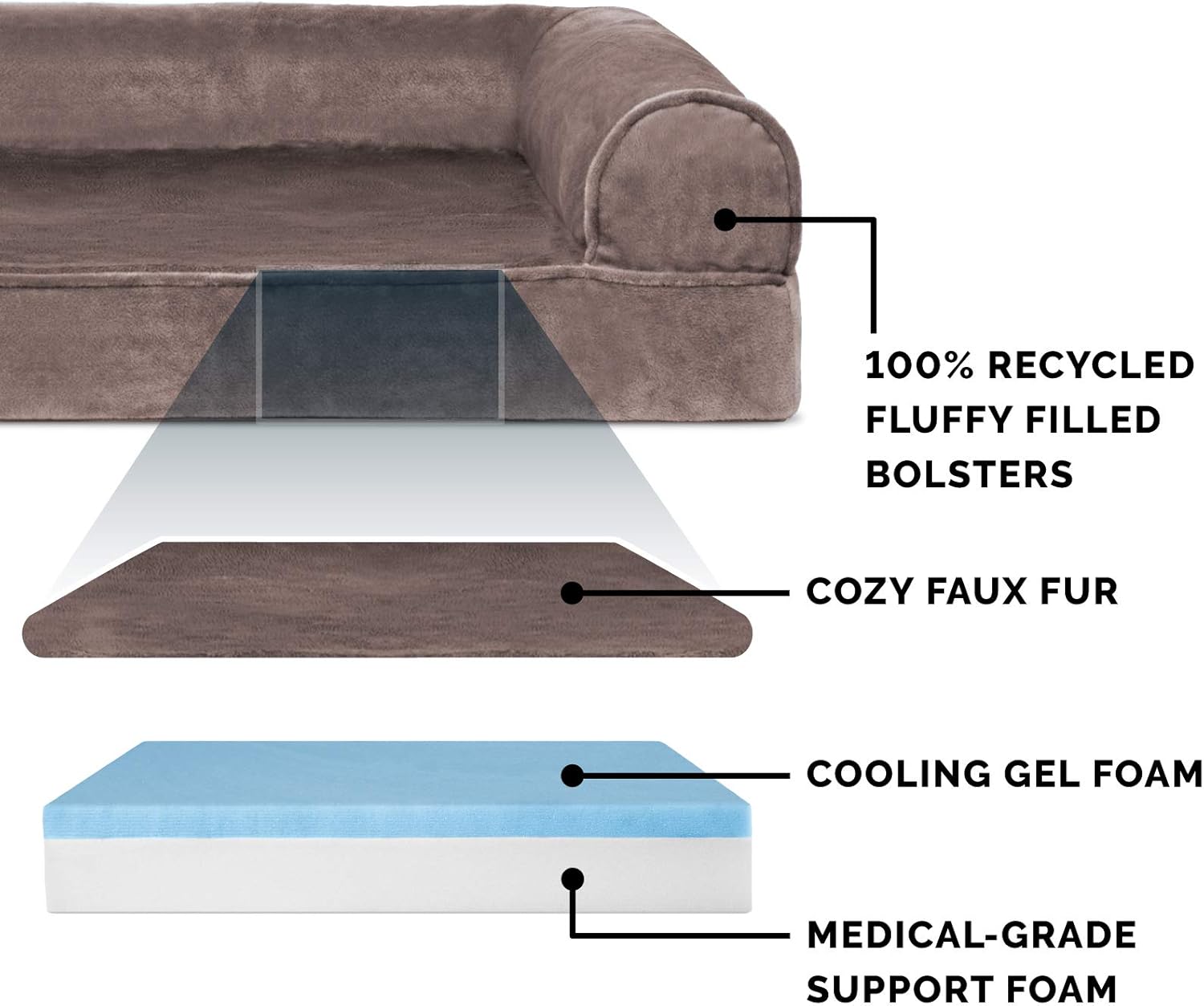 Furhaven Pet Dog Bed - Cooling Gel Memory Foam Faux Fur and Velvet Traditional Sofa-Style Living Room Couch Pet Bed with Removable Cover for Dogs and Cats, Driftwood Brown, Jumbo : Pet Supplies