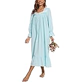 AVIIER 100% Cotton Nightgowns for Women Long Sleeve House Dress Ladies Sleepwear with Pockets