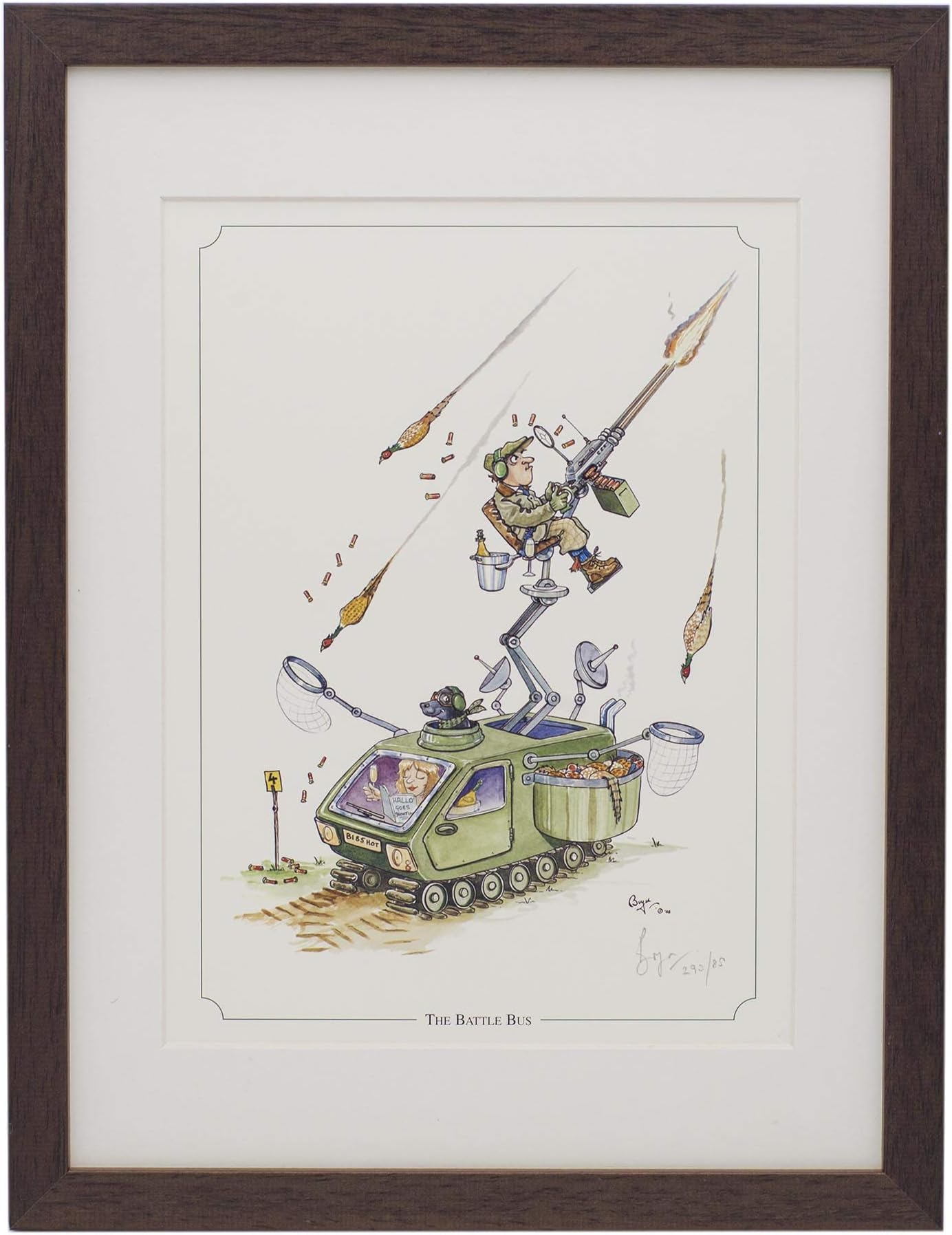 Shooting or Hunting Themed, Cartoon, Limited Edition and Signed Original Print. The Battle Bus by Bryn Parry