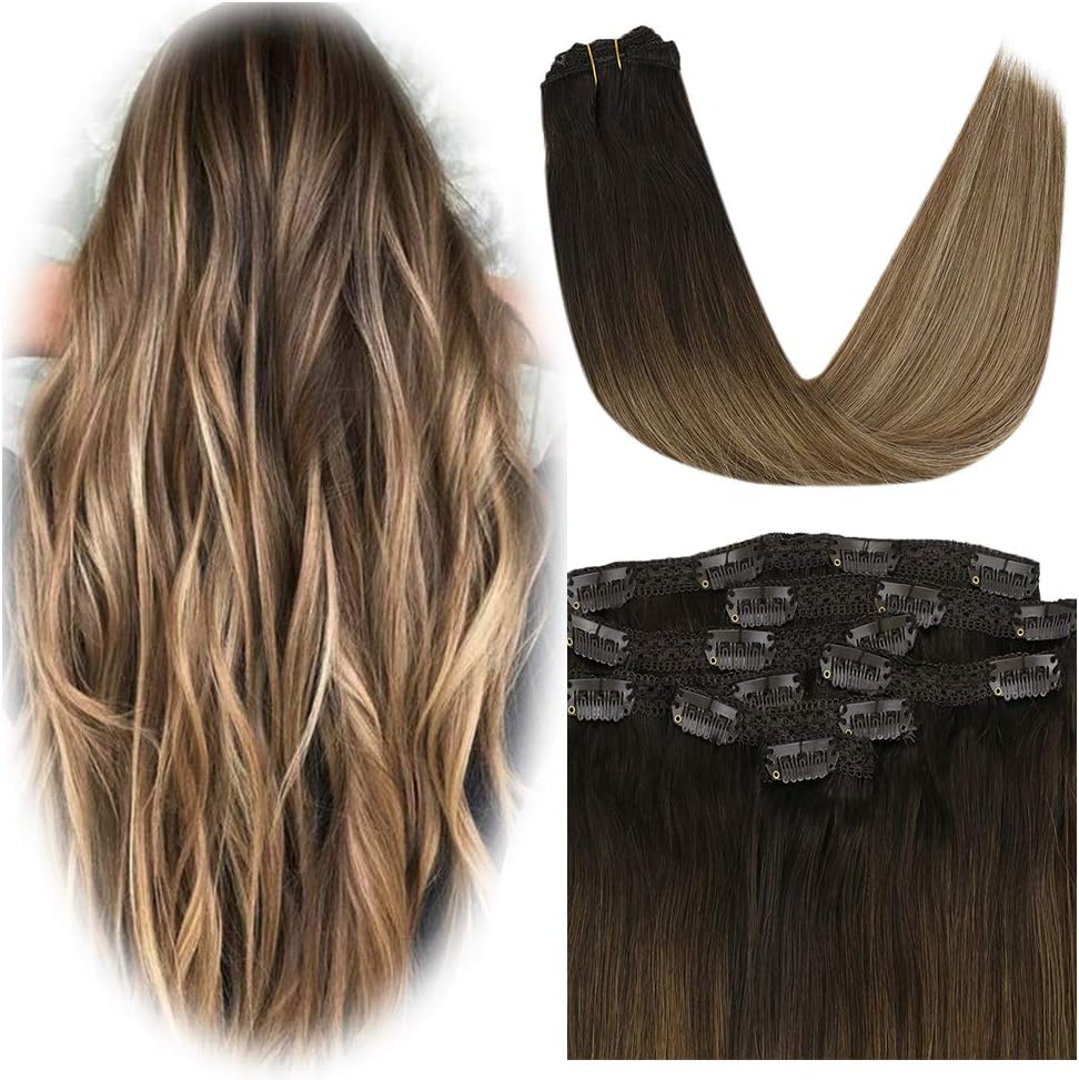 JoYoung Remy Hair Extensions Clip in Human Hair Balayage Darkest Brown to Medium Brown with Caramel Blonde Full head Ombre Clip in Hair Extensions 7pcs 120g 24inch