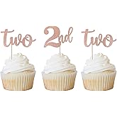 Rsstarxi 24 Pack Two Cupcake Toppers Glitter 2nd Birthday Cupcake Picks for Baby Shower Second Birthday Party Cake Decorations Supplies Rose Gold