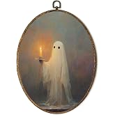 FSTCSV Vintage Halloween Ghost Oval Wall Art Framed, Spooky Ghost Candle Canvas Prints Wall Hanging Art, Rustic Fall Dark Academia Halloween Oval Walls Decor for Home Living Room, 8.8x11.5in