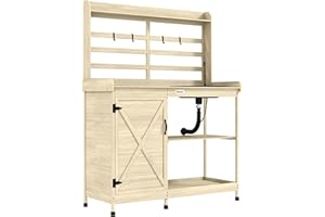 Outsunny Outdoor Wooden Potting Bench Table with Sink and Water Tap, Garden Workstation with Storage Cabinet, Storage Shelves for Backyard, Patio, Balcony, Natural