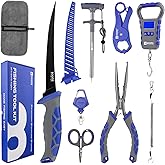 Booms Fishing Gear and Equiment: 9pcs Fishing Tool kit - 7" Fillet Knife, 9" Needle Nose Pliers, Digital Fish Scale with Gripper, Dehooker, Scissors, Towel, Retractor and 2 lanyard for Saltwater, XT05