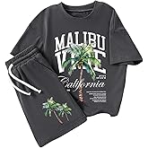 WDIRARA Boy's Hawaiian 2 Piece Outfits Letter Graphic Tee Shorts Set Casual Tracksuit
