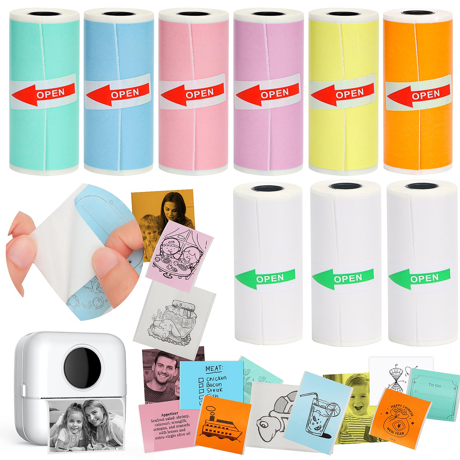 HuiJuKeJi 9 Rolls Mini Printer Sticker Paper,Thermal Self-Adhesive Paper 57 * 25mm,3 Rolls of White &6 Rolls of Colour Paper for Pocket Inkless Portable Bluetooth Printer to Print Photo,Note