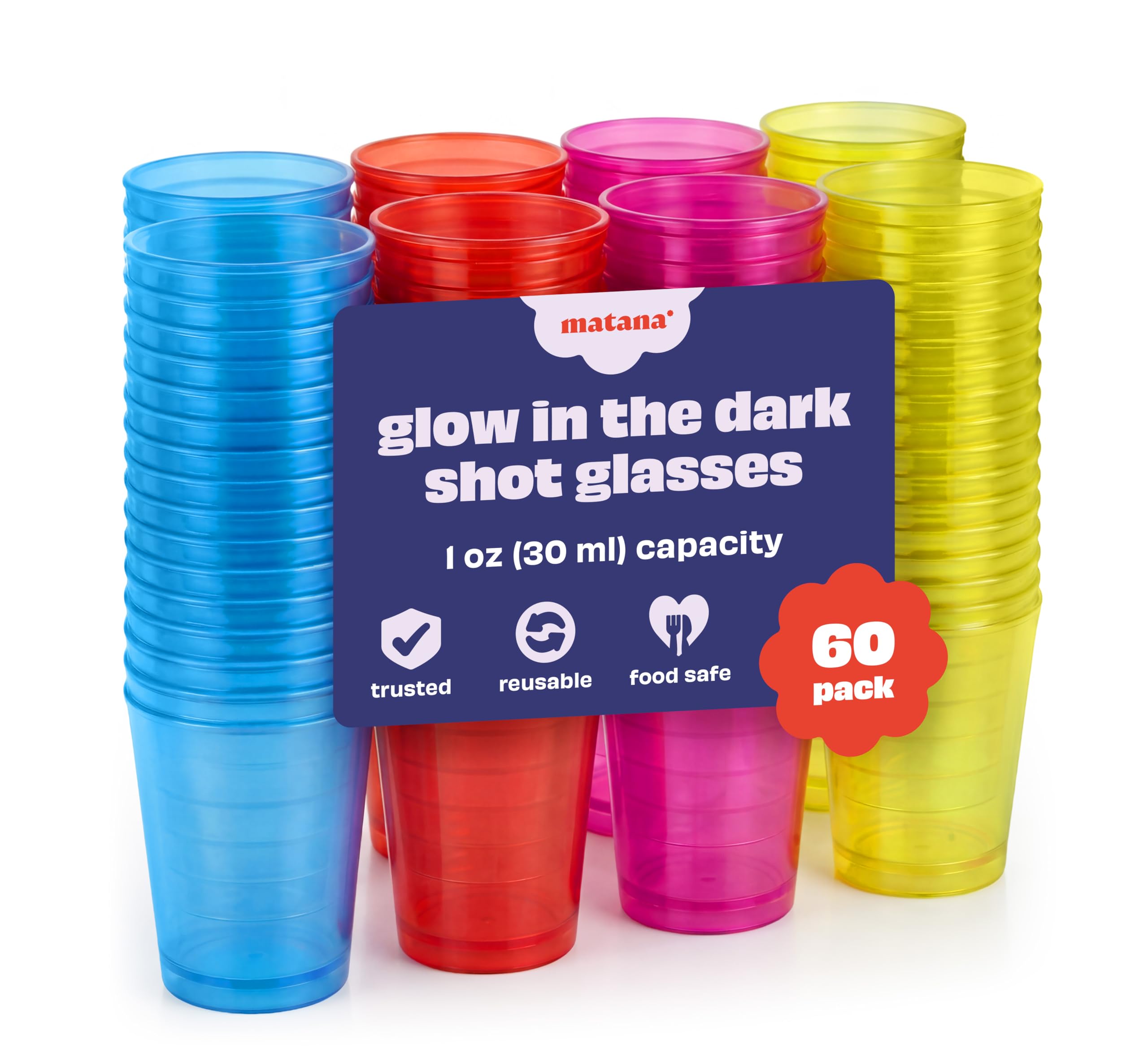 MATANA 60 Plastic Shot Glasses, Neon (30ml / 1oz) - Reusable - UV-Reactive - Jelly Shots, Sample Tasting Cups, Plastic Shot Cups for Parties, Birthdays, Weddings, Stag, Hen Parties