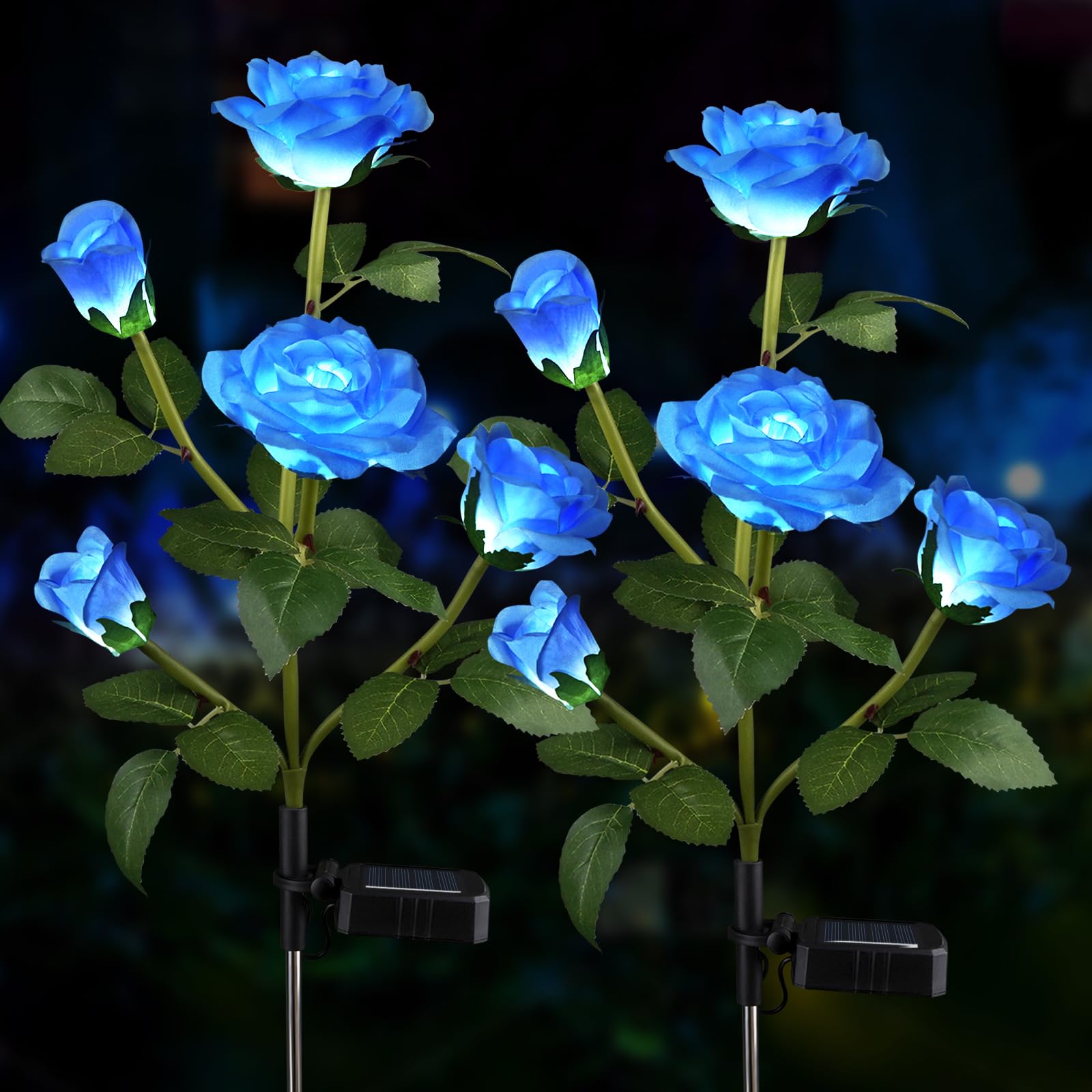 Aolyty 2 Pcs LED Solar Garden Lights, Decorative Waterproof Roses Stake Light, 5 Flowers Outdoor Artificial Ornaments for Grave Patio Pathway (Blue)