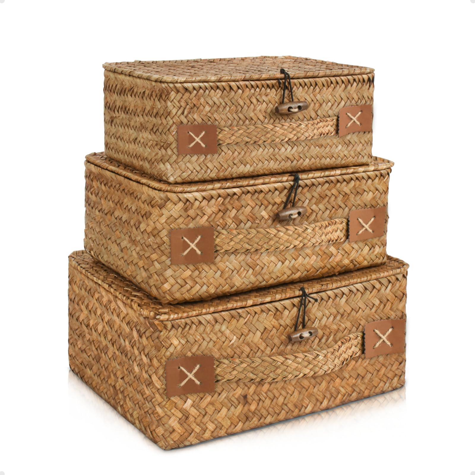 HUALIANG Rattan Storage Basket with Lid, 3 Pieces Wicker Storage Baskets with lids，Seagrass Braided Shelf Baskets, Multifunctional Storage Box for shelves for Toys, Cosmetics, Bathroom,Toilet Paper