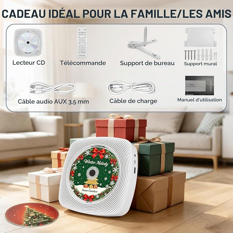 Lecteur CD Portable Bluetooth pour Maison et extérieur, avec Haut-parleurs, Batterie Rechargeable 4000 mAh, Radio FM, Lecture USB, télécommande, Fixation Murale et Support de Bureau