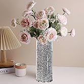 Silver Crystal Flower Vase, 10" Large Crushed Diamond Vase, Shiny Round Modern Luxury Decorative Glass Vases for Home Decor, Dining Table, Bathroom, Bedroom, Sofa Table, Wedding