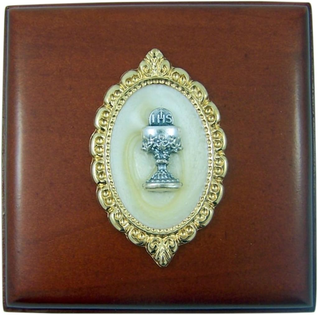First Communion Rosary Box Gift with Silver Tone Chalice Design, 2 3/4 Inch