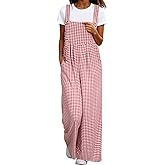 Happy Sailed Womens Plaid Overalls Casual Loose Sleeveless Adjustable Straps Wide Leg Pants Jumpsuit with Pockets