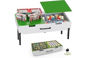 RZYLKA 3 in 1 Lego Table with Storage,Wooden Kids Activity Table Compatible with Lego and Building Block,Construction+Train+Chess Toddler Play Table,Wheels for Under Bed or Sofa Storage