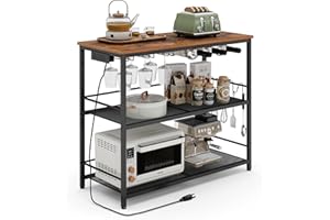 MAHANCRIS 35.4" Kitchen Island, Kitchen Storage Rack with Power Outlet, Microwave Stand with Wine Rack, 3 Tier Coffee Bar Station for Dining Room, Rustic Brown and Black KIHR91E01