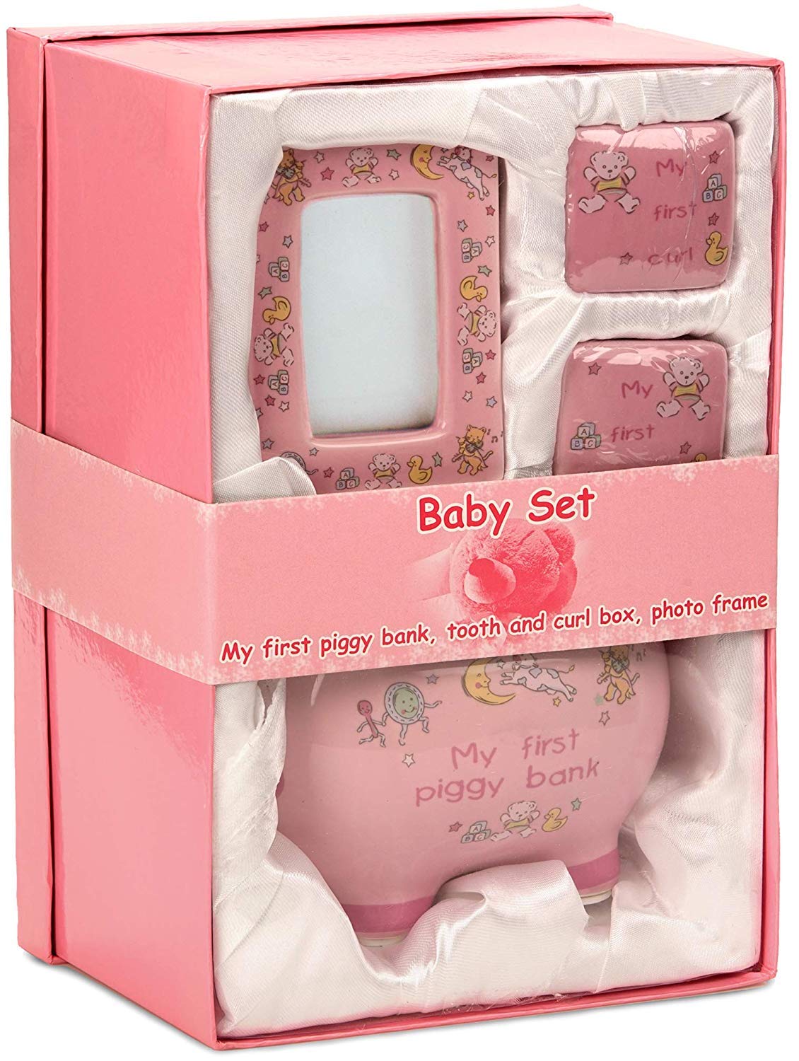 BRUBAKER 4 Pcs. Baby Girl Keepsake Gift Set with Piggy Bank, Tooth and Curl Box and Photo Frame Light Pink - English