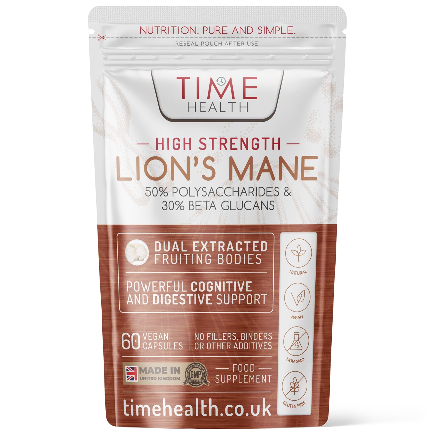 Lions Mane High Strength Extract - 50% Polysaccharides / 30% Beta 1,3/1,6 D Glucan - No Fillers, Binders or Flow Agents - 3rd Party Tested - UK Made - 60 Capsules