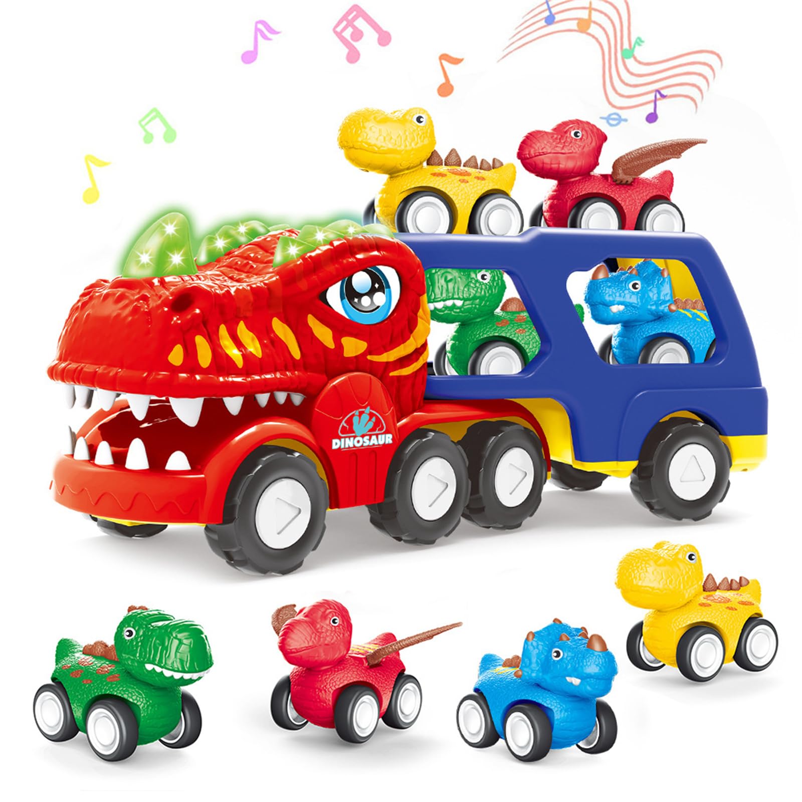 Qivange Dinosaur Transport Truck for Boys, Dinosaur Toys with 4 Pull Back Cars, Roar Sound & Light, Dino Carrier Truck Toy for Kids Age 2 3 4 5 6 Years, Birthday Gift for Boys Girls — image 1