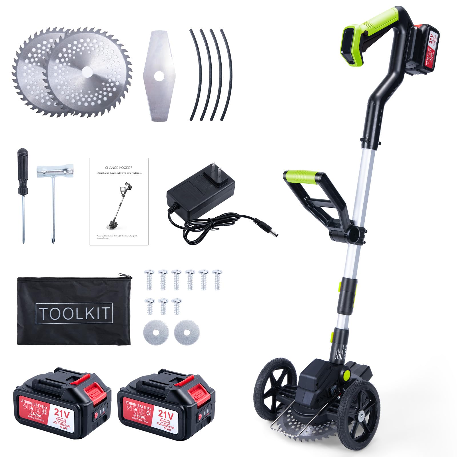 CHANGEMOORE Akku-Rasentrimmer mit 2x4.0Ah Akku, Bürstenloser Motor, Digital Display, Sicherheitsschalter, 90° Verstellbarer Kopf, 20cm Schnittbreite, 3 Klingentypen, für Garten & Hof, Neu aufgerüstet