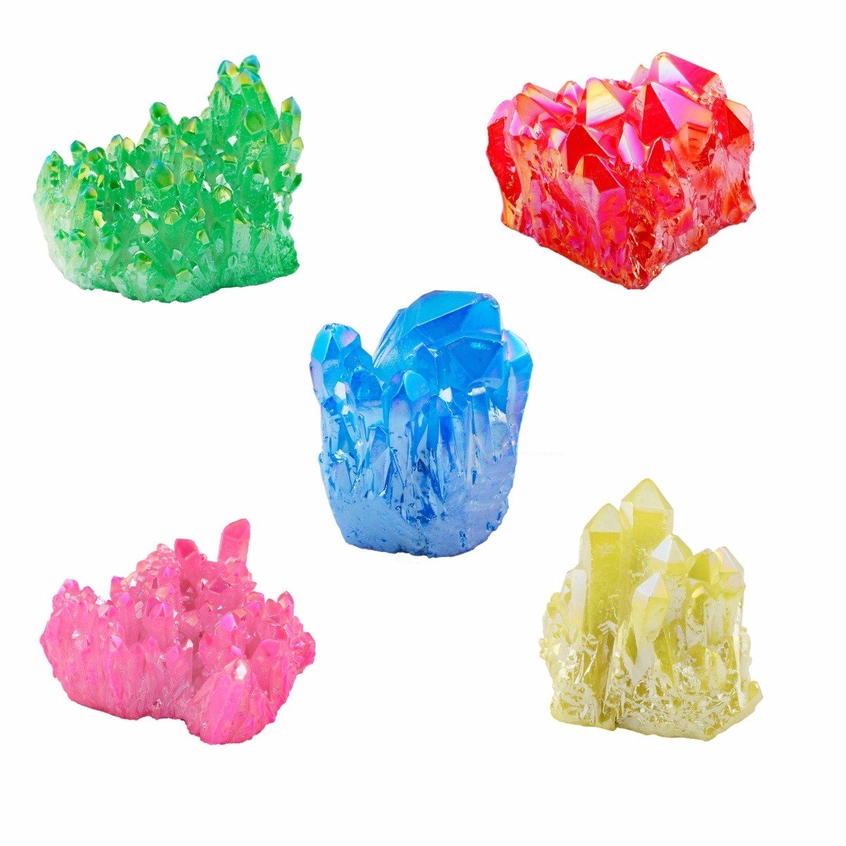 Shanxing 5pcs Titanium Coated Quartz Crystal Cluster Stones, Clear Quartz Reiki Healing Crystals and Gemstones Gift Rock Mineral Colourful Crystal Stone Ornament Room Party Cake Decor Terrarium Stone