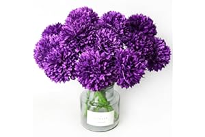 Tinsow 12 pcs Artificial Flowers Purple Faux Ball Chrysanthemum Bouquet Flowers Wedding Bouquet for Home Garden Party Wedding Decoration