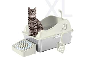 MAZYOYO Stainless Steel Litter Box, XL Metal Litter Box with High Wall Sides Enclosure, Stainless Steel Litter Box with Lid, Never Absorbs Odors, Non-Sticky, Anti-Urine Leakage, Easy Cleaning-Ivory