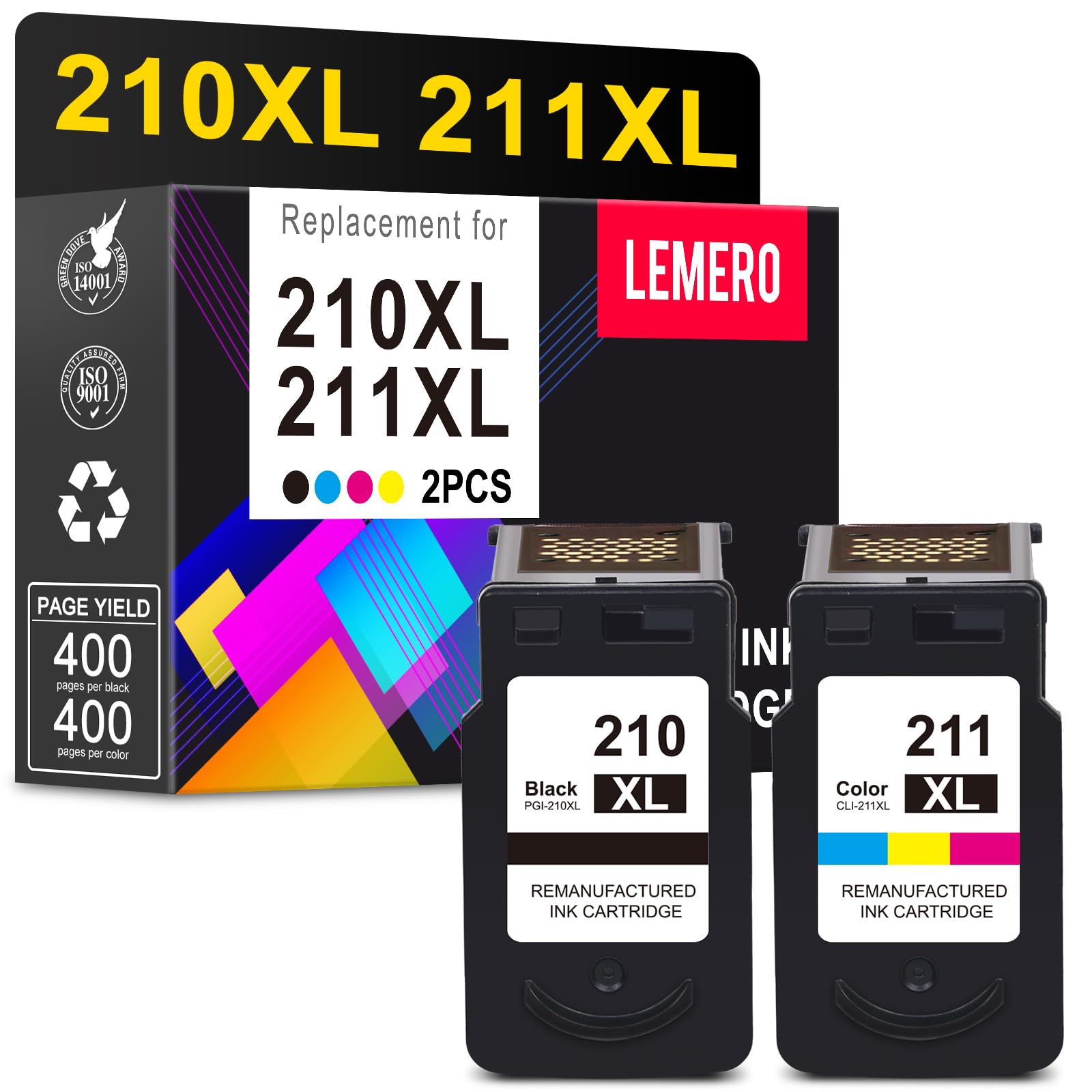Photo 1 of LEMERO PG-210XL CL-211XL Remanufactured Ink Cartridges Replacement for Canon 210XL 211XL Ink Combo Pack Work with Canon PIXMA IP2702 MP230 MP250 MP280 MP480 MP495 MX320 MX350 MX420 Printer (2 Pack)
