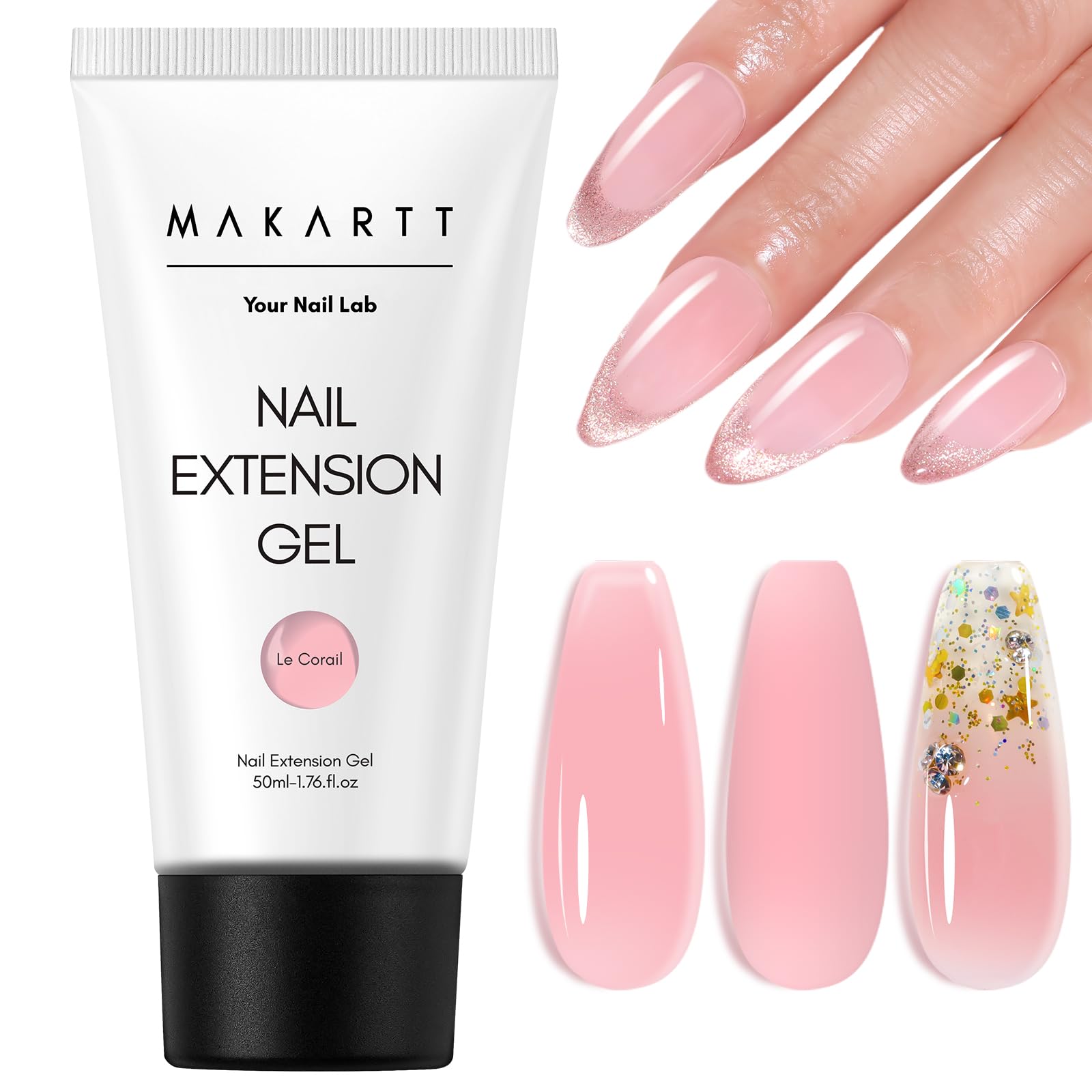 Makartt Poly Nail Gel - Long Lasting 3D Gel for Nail Art, Quick Nail Builder Extension Gel 50ML, Natural Look White Pink Clear Rosy for Technician Starter DIY Salon for Woman